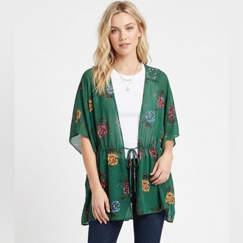 Womens Green Floral Open Duster/Coverup Size Medium - Picture 1 of 12